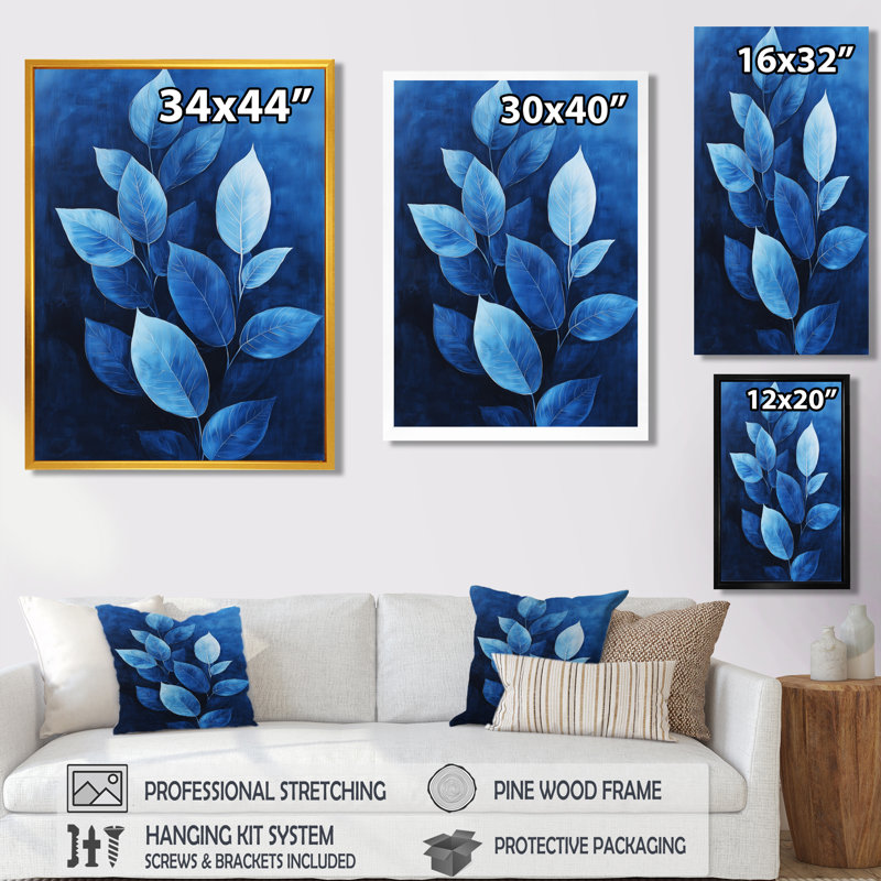 Bleu marine, feuilles, échos de la forêt, plancher III - art mural floral, Argent argent, H 44 po x l 34 po