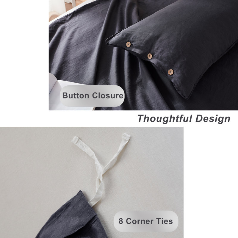 TOSMO 100% Linen Duvet Cover Set with Button Closure,Soft Breathable Durable Farmhouse Bedding, Charcoal Grey