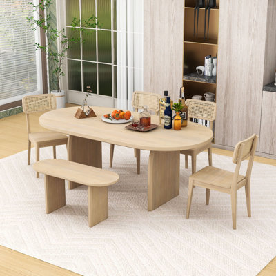 6-Piece Dining Table Set with Oval Table, 4 Rattan-Back Chairs and Bench