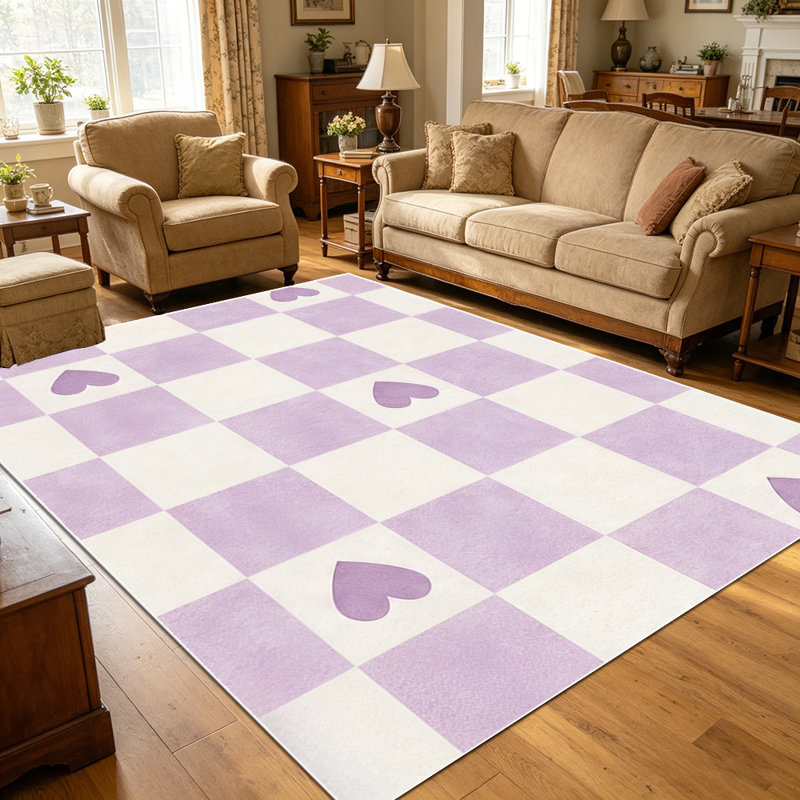 1PC Lavender Purple Checkerboard Heart Print area rugs for Living Room, Soft and Comfortable, Suitable for all seasons, easy-to-maintain, machine washable Indoor floor mat, Under Table Farmhouse suitable for dining room, bedroom, kitchen entryway,