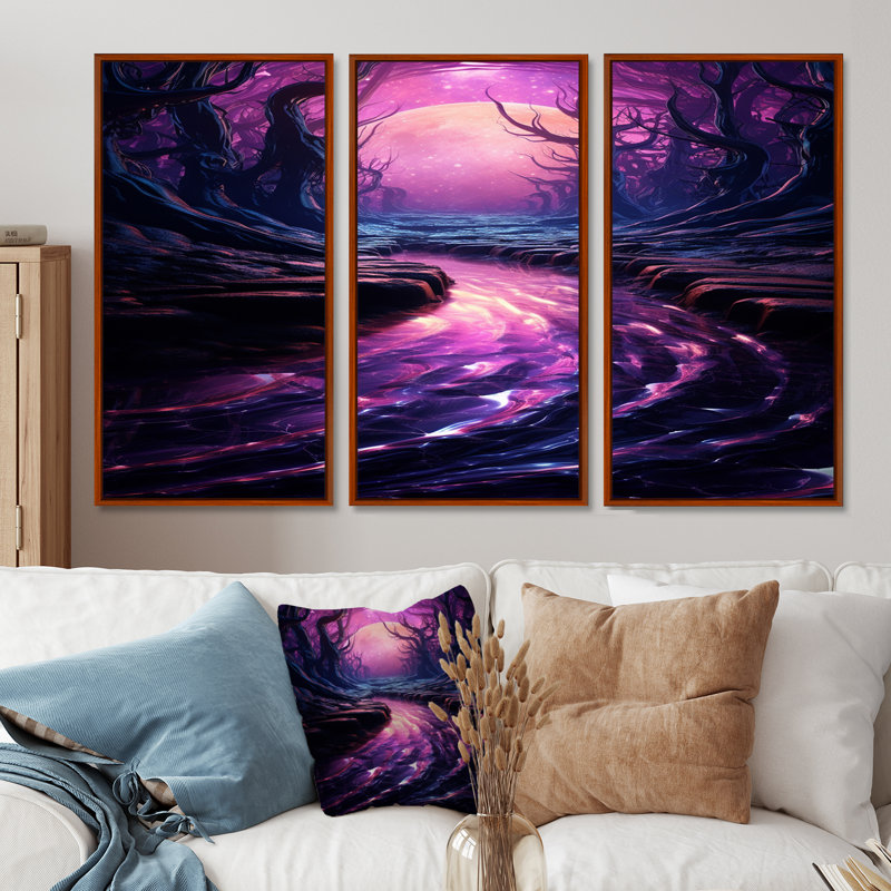 «Purple Forest River Enchanted Forest Sunset», ensemble d'impression d'art mural, H 28 po x l 36 po x P 1 po