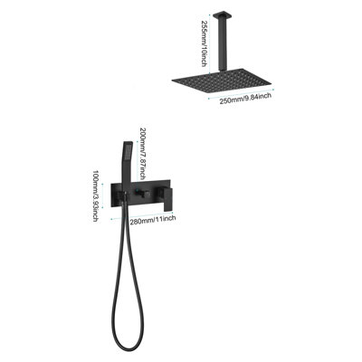 Système de douche noir mat, pomme de douche effet pluie de 25 cm (10 po) à montage au plafond avec douchette, ensemble robinetterie de douche avec corps de vanne et trousse de garniture inclus