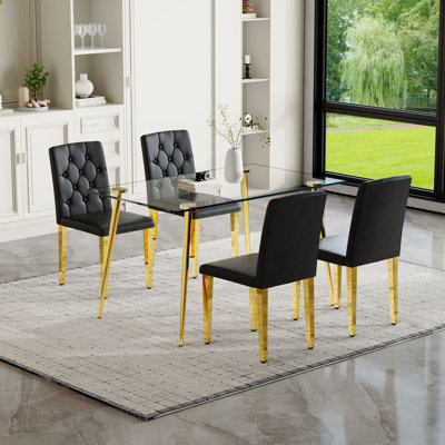 Ensemble de table de salle à manger pour 4 personnes, ensemble de table de cuisine en verre trempé avec pieds en métal et chaises capitonnées en cuir