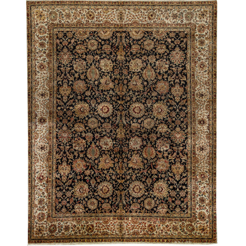 Tapis bleu et crème noué à la main de haute qualité