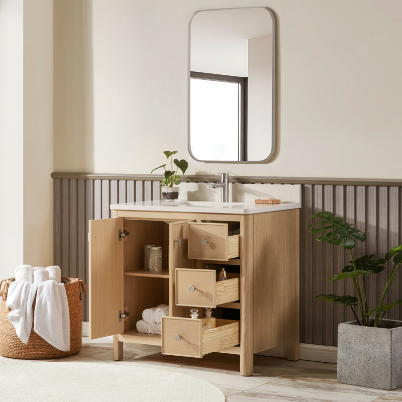 Newel 36 po Meuble-lavabo autoportant à simple cuve en chêne blanc avec plateau en quartz de Carrare