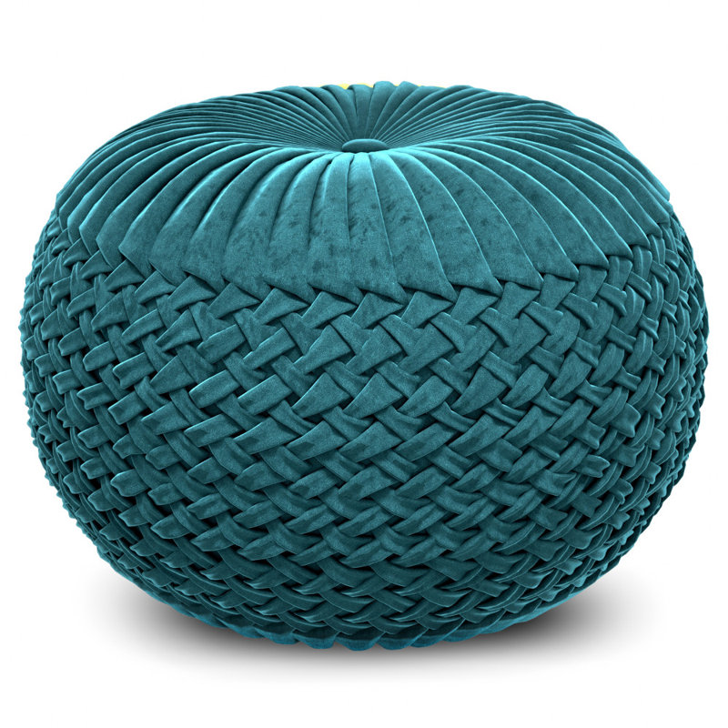 Teal Velvet Tufted Round Pouf Ottoman