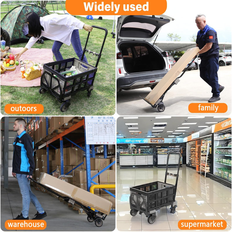2-In-1 Folding Hand Truck With Basket - 330 Lbs Capacity Heavy-Duty Dolly Cart With Retractable Handle, Convertible To 2/4 Wheels