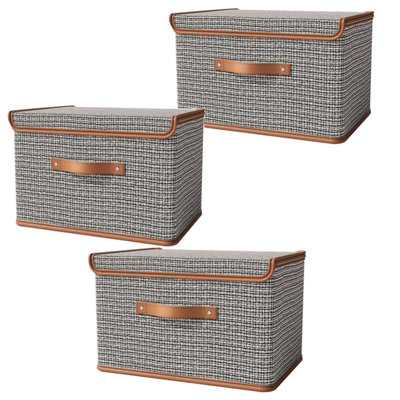 Boîte de rangement avec couvercle, grande boîte de rangement, poignée en cuir de polyuréthane, boîte de rangement pliable en tissu de lin, utilisée pour l'organisation de garde-robe pour la maison, ensemble de 3