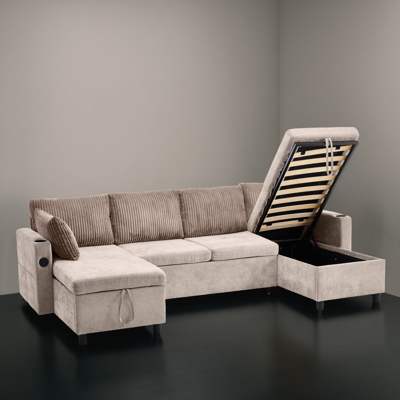 112" U-shaped Pull-Out Sleeper Sectional Sofa Bed with Storage, Brown Chenille