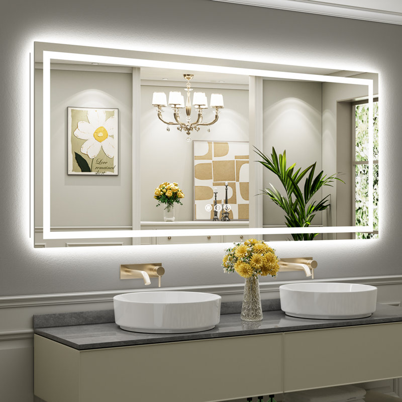 Miroir de salle de bain à DEL avec lumières, rétroéclairé et éclairé à l'avant, miroirs muraux éclairés pour meuble-lavabo, écran tactile à intensité variable, antibuée, fonction mémoire, verre trempé HD, incassable, homologué ETL
