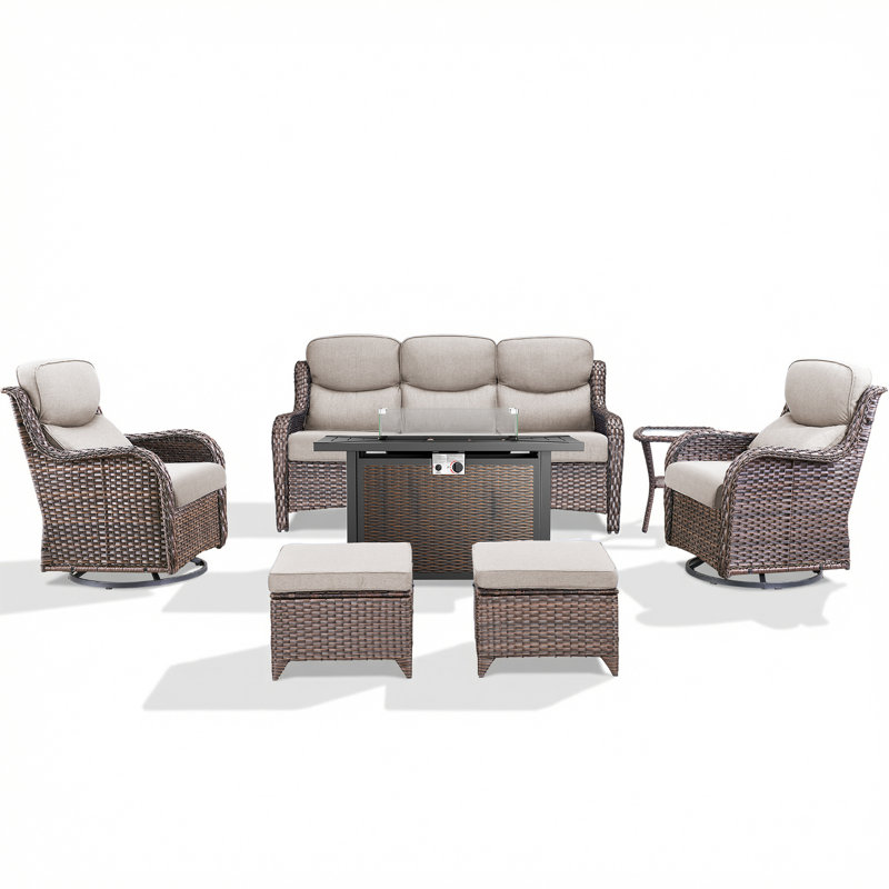 Anner 7-Piece Outdoor Wicker Patio Conversation Set With Rectangle Metal Fire Pit Table, Swivel Gliders And Ottomans, Beige