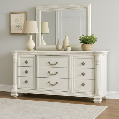 Naddy Wide Dresser, White Pine Wood, 9 Drawers W Metal Handles
