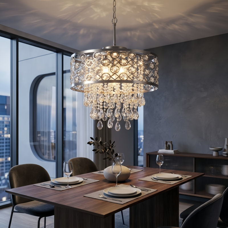 Jolie 5-Light Dimmable Metal Drum Chandelier with Crystal Accents, Polished Chrome