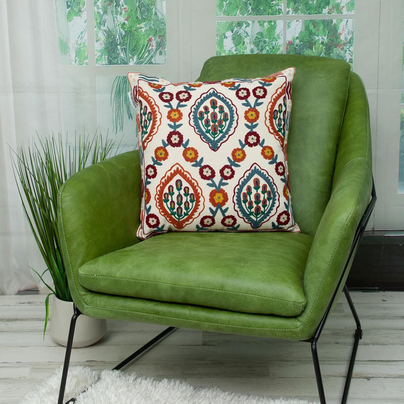 Embroidered Decorative Pillow, Blue/Red/White Geometric