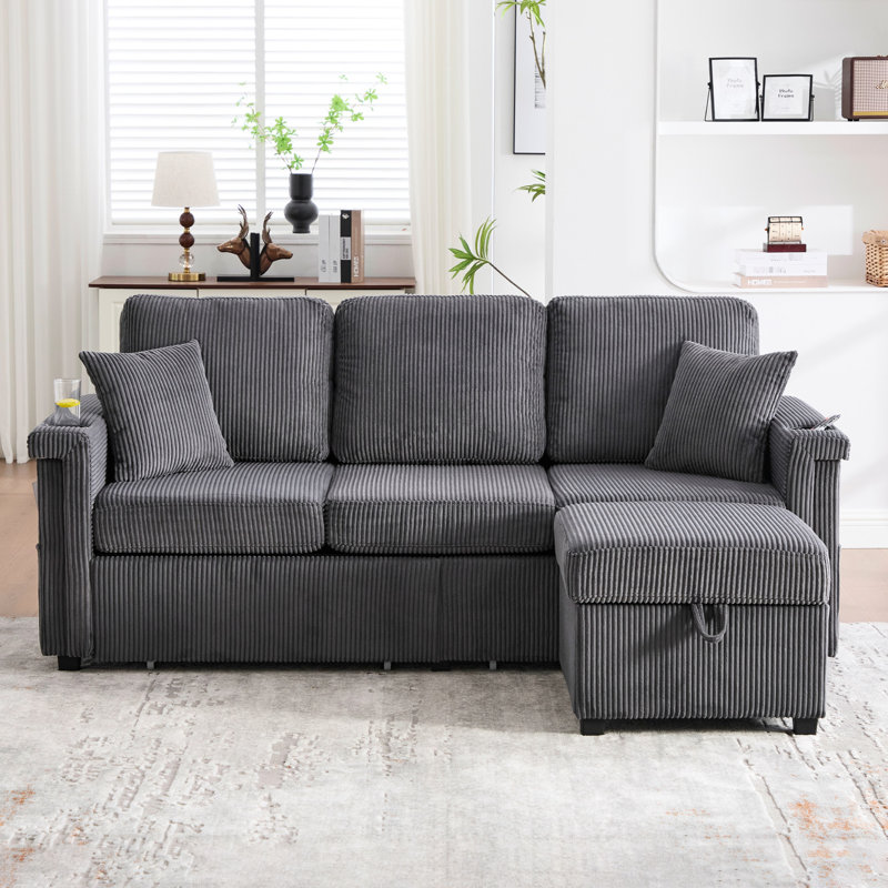 4 canapés modulaires en L convertibles avec velours côtelé, rangement escamotable et porte-gobelets
