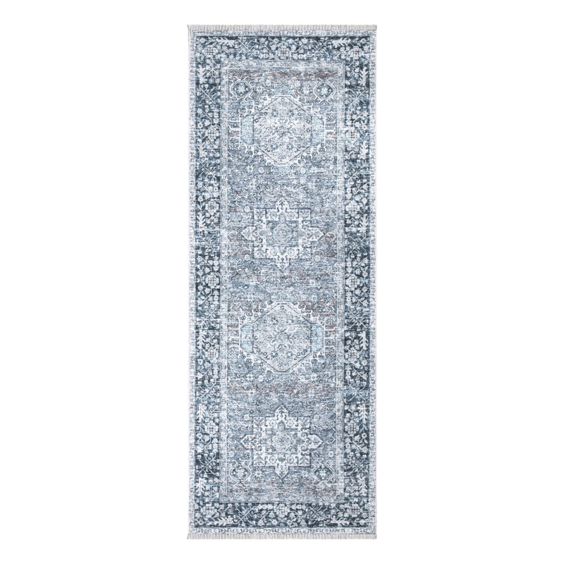 Washable Non-Slip Traditional - Navy Blue Rug - Donatas, Runner 2'6" x 10'