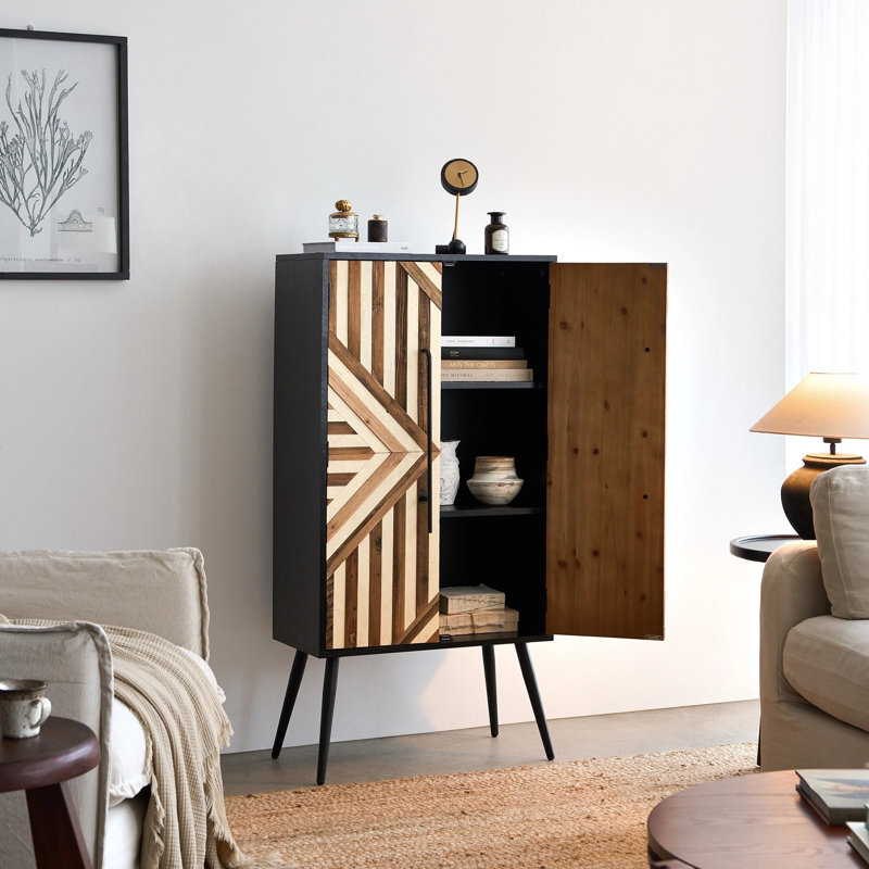 50" Tall Accent Cabinet with Geometric Reclaimed Wood Doors, 2-Door Storage Cabinet with Shelves for Living Room & Entryway
