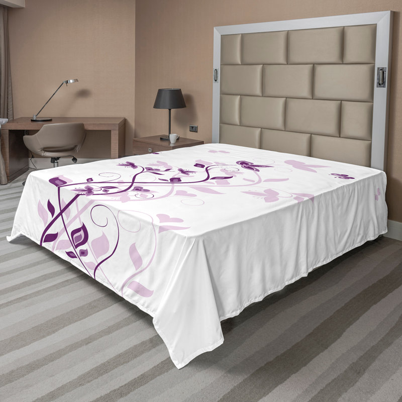 Ambesonne Print Top Flat Sheet, Plum/White Floral, Full Flat Sheet