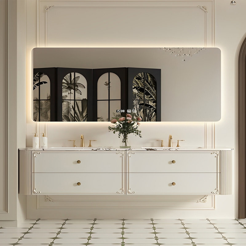 Armoire de salle de bain à double cuve de style rétro, Blanc cassé / blanc, 21.65" H x 74.8" W x 21.65" D