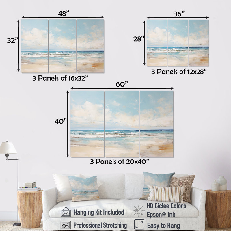 Beige et bleu plage, horizon minimaliste - ensemble d'art mural plage, Toile tendue, H 40 po x l 60 po x P 1 po