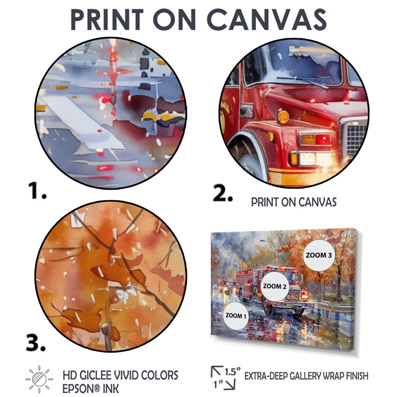Camion de pompier rouge en automne, New York II, Toile avec cadre flottant or, H 28 po x l 60 po x P 1,5 po