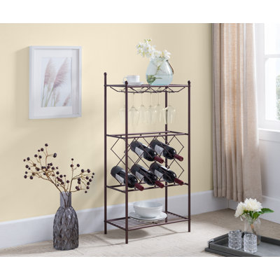 8 Bottle Freestanding Floor Wine Storage Rack with Glass Holder and Storage Shelves in Bronze Finish
