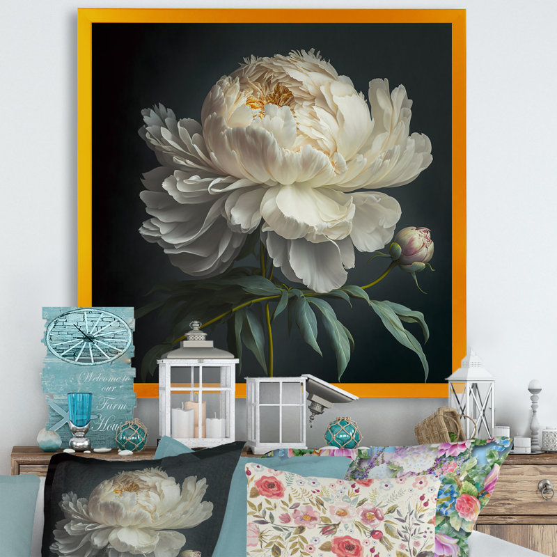 Blooming White Peony V - Art mural pivoine, Toile avec cadre photo, H 16 po x l 16 po, Doré
