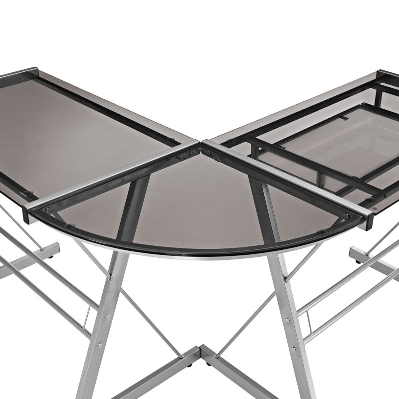 Wendell Modular L-Shaped Glass Steel Computer Desk, Silver / Black Glass