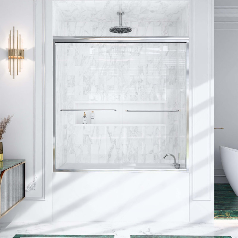 56"-60"W*60" H Semi-Frameless Double Sliding Shower Door, Bypass Shower Door, 1/4" (6Mm) Thick SGCC Tempered Glass Door