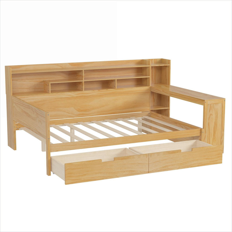 Lit plateforme multifonctionnel épuré avec bureau intégré et tiroirs de rangement, bois naturel