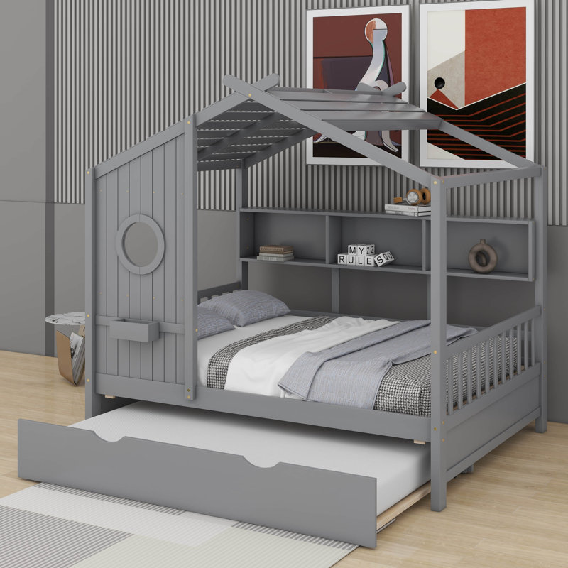 Lit double en bois avec lit gigogne et tablettes de rangement, Gris, Lit double