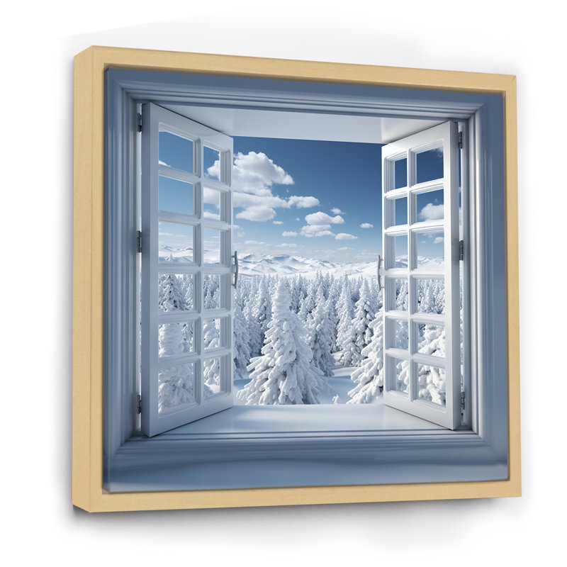 «Forest Winter Window View II - Winter Landscape», art mural, Cadre flottant brun, H 36 po x l 36 po x P 1,5 po