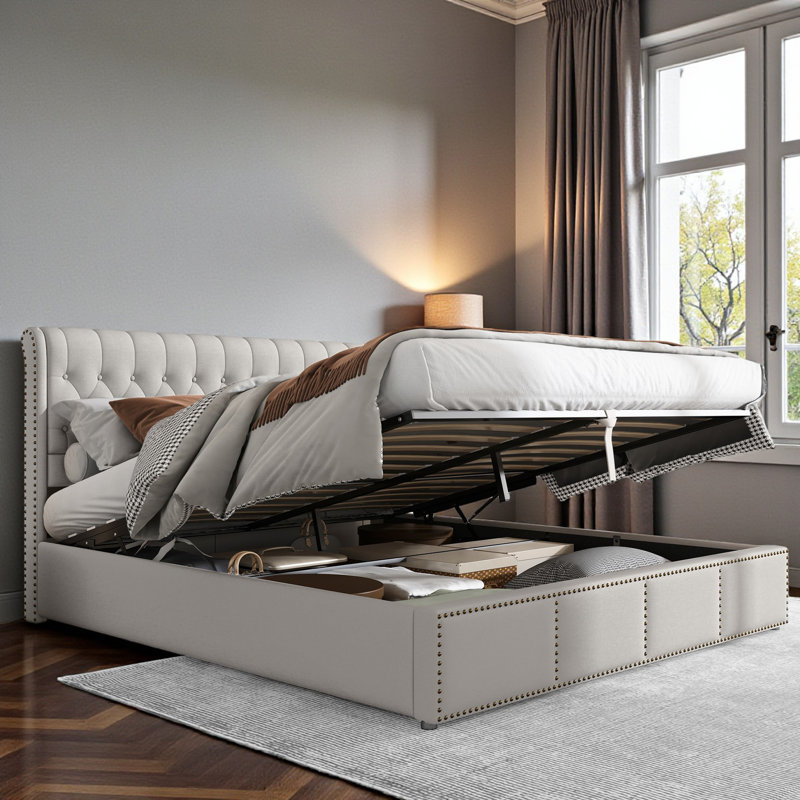 Caddo Velvet Upholstered Bed With Hydraulic Lever, Functional Storage Bed, Rivet Decoration, Kingsize (5'), Light Grey Linen