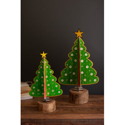  Christmas Tree Sculptural Accents Painted Metal Set Of 2