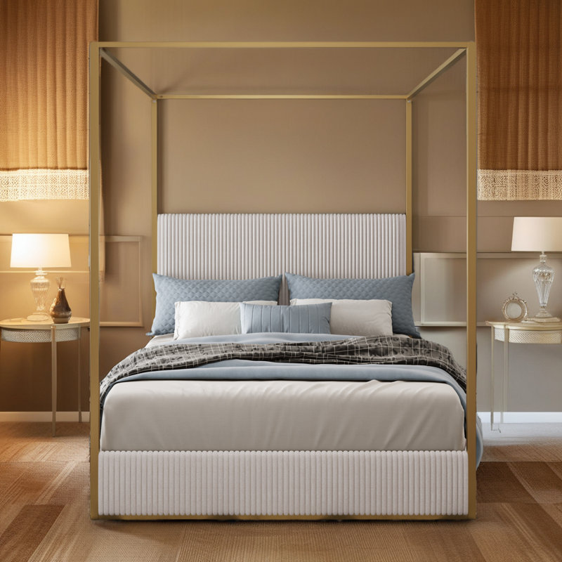 Corduroy Upholstered Canopy Bed With Tall Headboard, Beige/Gold, King