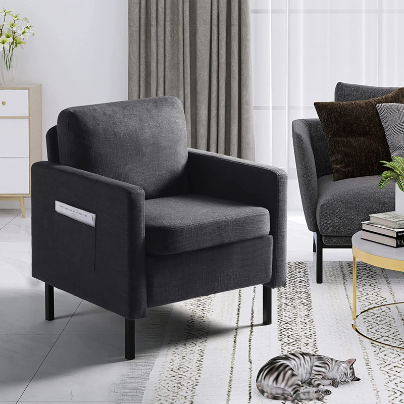 Fauteuil d'appoint moderne Redi avec accoudoirs en tissu lin gris foncé, 100 % lin gris