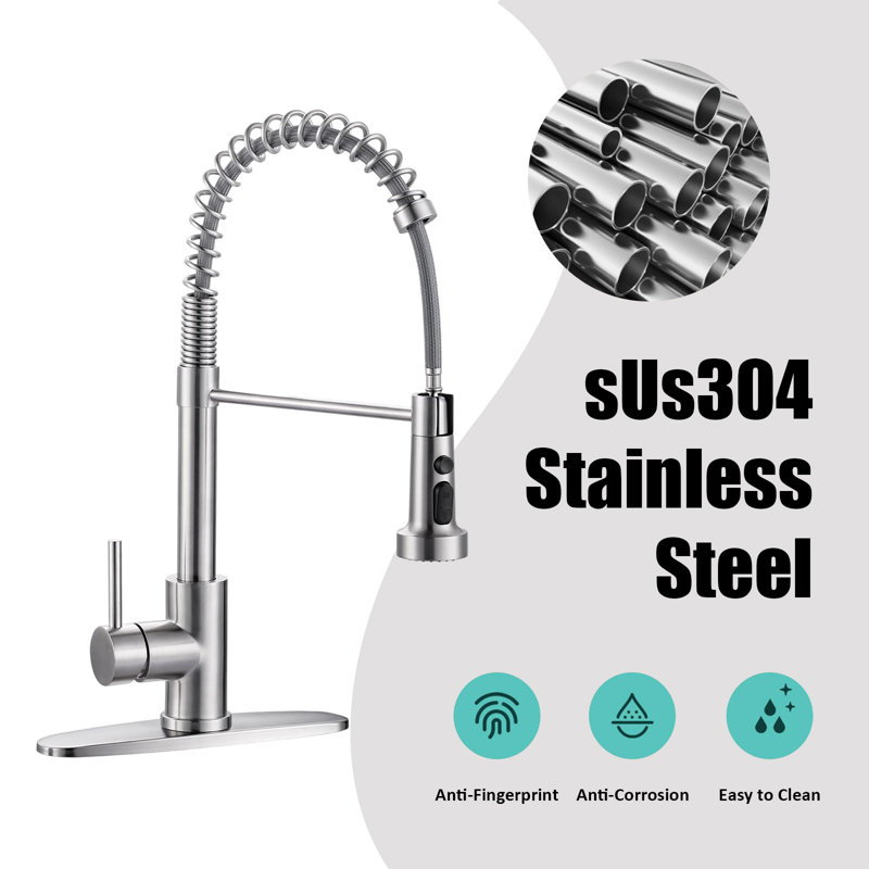 Pull-Down Spray Kitchen Faucet, Stainless Steel Single Handle Spring Kitchen Faucet With 3 Functions, Suitable For 1 Or 3 Holes, With Deck.