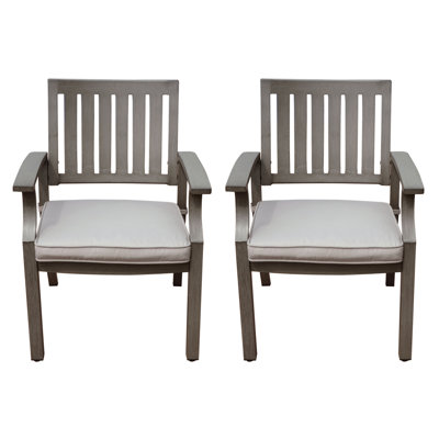  Chaises de salle à manger d'extérieur modernes en aluminium avec coussins résistants à l'eau, dossier à lattes, gris foncé, ensemble de 2