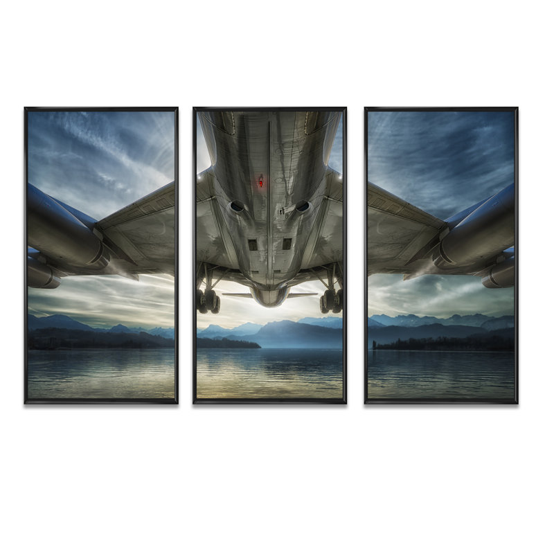 Avion sur la plage et la mer - ensemble d'art mural sur toile encadré 3 plages, H 28 po x l 36 po x P 1 po, Noir
