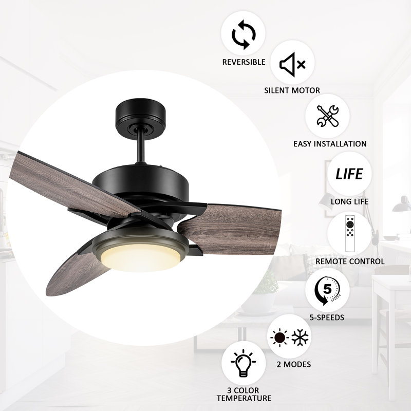Donnabell 52'' Ceiling Fan with LED Lights, Grey Oak, Black
