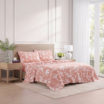 Ensemble de draps Arianne 4 pièces, format king, imprimé damassé terracotta, literie en microfibre ultra-douce et infroissable avec poches profondes