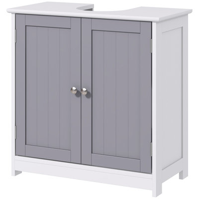 Meubles de salle de bain, armoires de lavabo de salle de bain avec découpe en U et tablette interne réglable, blanc et gris
