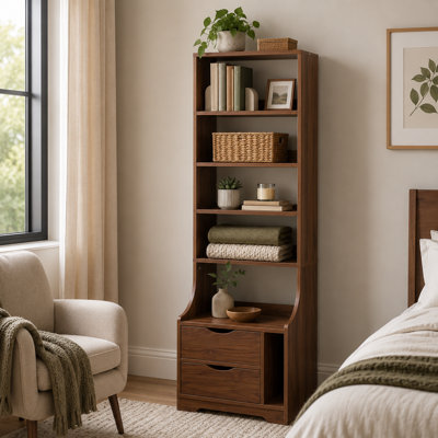 Modern Tall Nightstand With Bookshelf & Drawers
