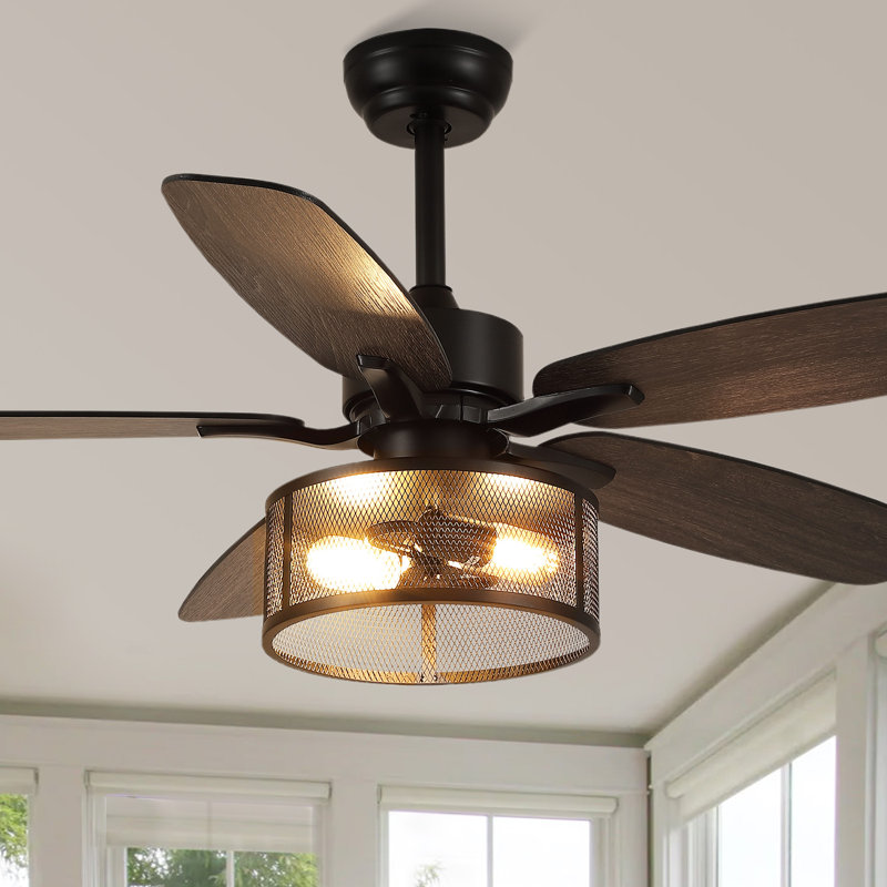 48/56" Farmhouse Caged Ceiling Fan With Light And Remote, 48" Wide, Black