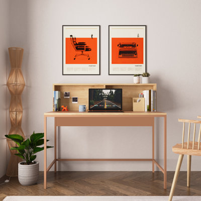Bimossa Olivia Desk, 110cm Wide Desk, Stylish Home Office Writing Desk with Raised Block Shelf and Note Board, Metal Legs, Perfect for Students and Professionals