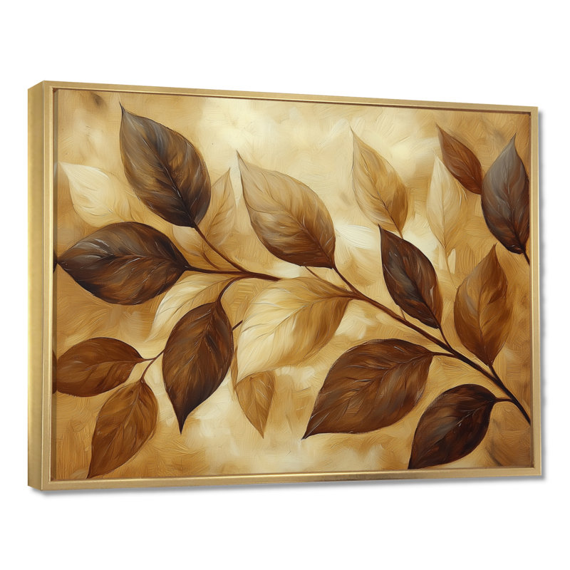 Irmengard chocolat brun feuilles de paysage I - feuilles, art mural sur toile, H 16 po x l 32 po, Cadre flottant, Doré