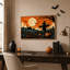 Tableau sur toile représentant un champ de citrouilles orange avec épouvantail et pleine lune pour l'Halloween-1109613063