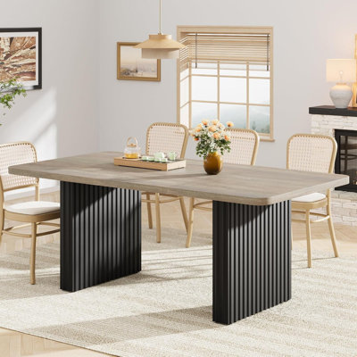 71" Modern Dining Table for 6-8, Rectangular Farmhouse Table with Fluted Wave Metal Legs & Wood Top for Home Office
