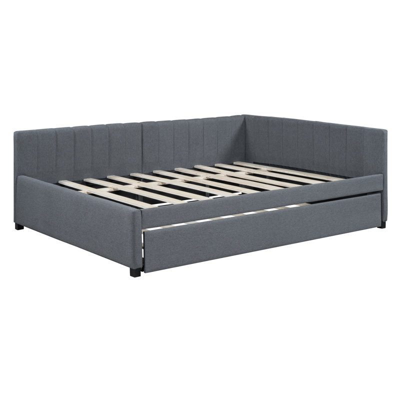 Upholstered Daybed with Trundle Sofa Bed Frame, No Box Spring Needed, Versatile and Modern, Ideal for Hosting or Everyday Lounging, Linen Fabric