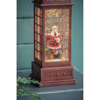 4X4x10"H Christmas Lighted Water Spinning Phone Booth With Santa On Phone, 3*AA Batteries Required
